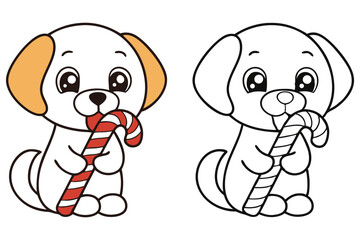 Puppy Holding Candy Cane Outline, Cartoon Dog with Sweet Treat, Clip Art Holiday Theme