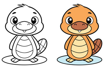 Cute Beaver Line Art and Colored Version With Blue Water