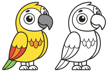 Cartoon Yellow Parrot with Outline, Coloring Style for Kids, Isolated on White
