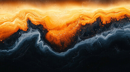 Fusion of black and orange liquids with swirling, wave-like patterns, symbolizing contrast, creativity, balance, and transformation. Ideal for artistic backgrounds and modern fluid visuals.

