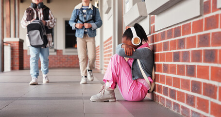 Sad, cry and anxiety with student in school as child with autism, sensory overload and depression. Stress, mental health and girl dear with learning disability or bullying and education pressure