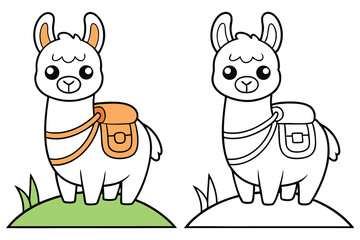 Naklejka premium Two Cute Llama Outline Illustrations with Pack on Green Hill, Isolated on White
