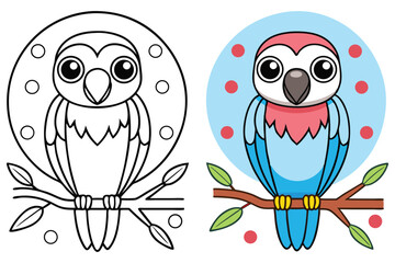 Bird on Branch Illustration, Cartoon Macaw Clipart, Line Art, Coloring Page