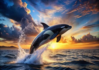 Obraz premium Orca Whale Leaping, Ocean Splash, Dramatic Wildlife Photography, Aquatic Mammal, Nature