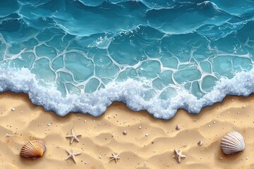 Colorful top view of ocean floor with sand, small shells, and gentle wave patterns during a sunny day in a vibrant cartoon art style