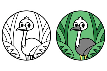 Cartoon Emu Amidst Green Foliage in Color and Black Line Art Round Design