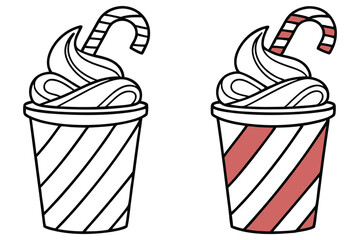Two Glasses with Candy Cane, Creamy Topping, and Striped Design on White