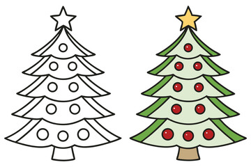 Christmas Tree Outline and Color Version with Star, Balls on White Background
