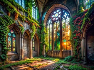 Fototapeta premium Overgrown Abandoned Church Ruins with Stained Glass Windows - Gothic Architecture Stock Photo