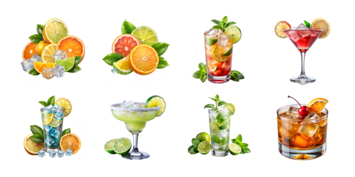 Bundle of Colorful Exotic Refreshing Cold Cocktails on Transparent Background  