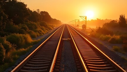 Empty Railroad Tracks Stretching Toward Horizon Where Sun Meets Earth at Dusk
