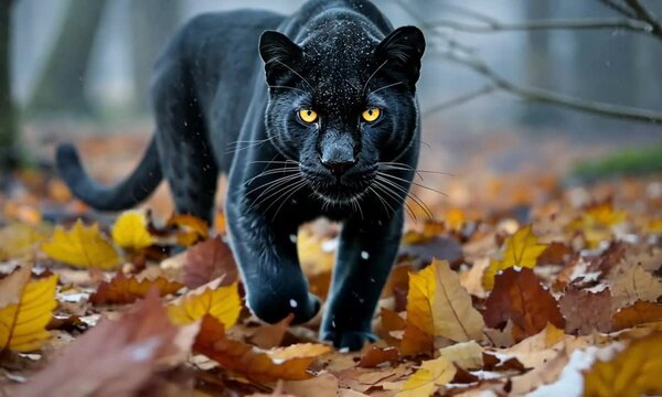 Black Panther Strolls Autumn Leaves