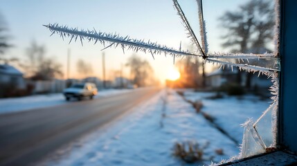 Winter sunrise through icy windowpane
