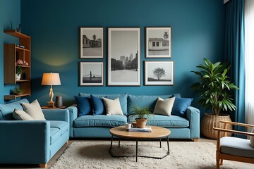 Inviting Teal Living Room with Blue Sofa, Gallery Wall and Round Coffee Table for Relaxation and Comfort.                                             