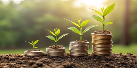 Growing Investments Four Plants on Coin Stacks, Financial Growth Concept, Green Background Investment, Growth