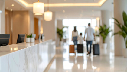 Arrival at Serenity: A family of three enters a grand hotel lobby, their anticipation mirrored in the sleek design. Warm lighting illuminates the reception area.
