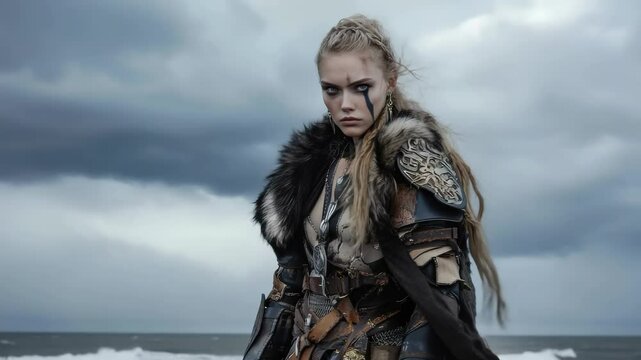Female warrior: viking force, slavic pride, tribal energy, historic emblem, armored stance, fearless role, ancient power, bold honor, cultural voice, northern saga