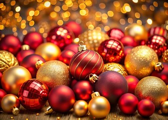 Panoramic Christmas Ornament Background: Festive Red & Gold Holiday Decorations