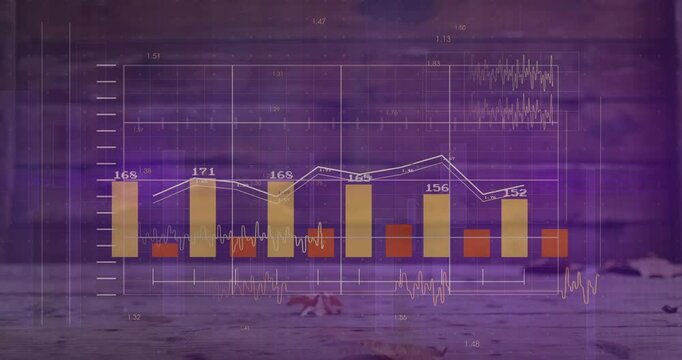 Floating data dashboard getting visualized on wooden deck, showing flat design bars and white lines