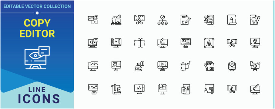 Copy Editor icon set. Contains such symbols as formatting, modification, adjustable, update, edit and more. Editor icon set. Collection for mobile and web apps. Editable stroke. Vector illustration.