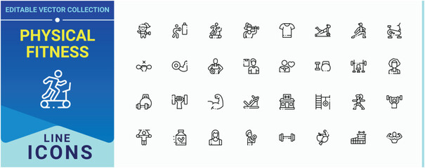 Set of Physical Fitness line icon. Included exercise, fit, diet, sport, lifestyle, gym, health and more. Fitness and Gym line icon set. Outline icons collection. Editable vector.