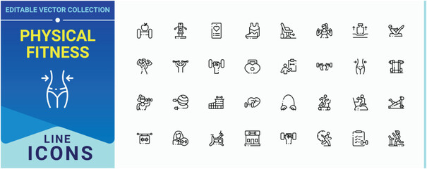 Set of Physical Fitness line icon. Included diet, fit, workout, nutrition, activity, health and more. Fitness and Gym modern icon set. Icons for UI design. Editable vector art and illustration.