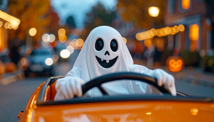 Halloween Ghostly Ride: A playful ghost, embodying the spirit of Halloween, embarks on a whimsical car ride, evoking a sense of joyous adventure and festive fun.