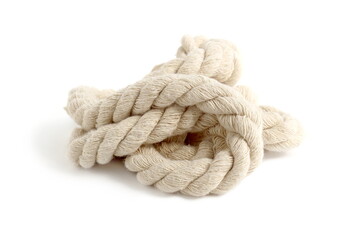 A twisting rope lies on a white background.