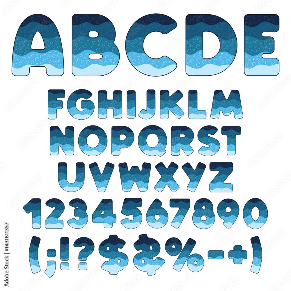 Fototapete Font, alphabet, letter, number from layers with bubbles. Isolated vector objects on white background.