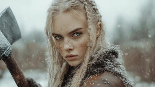 Slavic warrior: viking spirit, feminine courage, tribal shield, ancient saga, bold stance, legendary tale, nordic myth, fearless gaze, warrior code, cultural essence