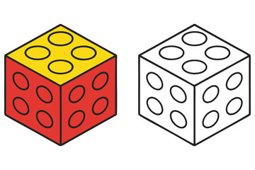 Brick Toy Illustration, Construction Block, Red, Yellow, Black Outline, Isometric View