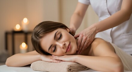 Relaxing massage at spa center for woman lying on towel face up