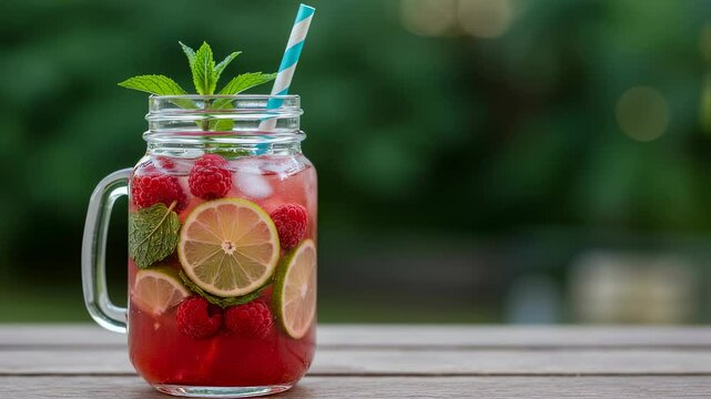 Refreshing summer raspberry lemonade footage. Close up of cool drink with lemon and mint in glass mason jar with blue straw. Food and beverage background video clip.