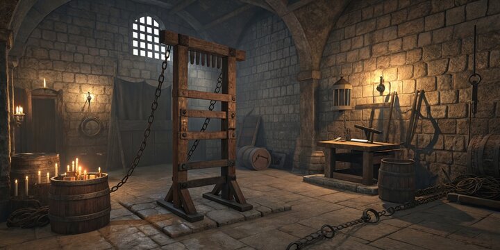 Medieval Dungeon 3D Render of Pillory in Stone Cell, Candles, Chains, Medieval torture, Dungeon interior Medieval, 3D render