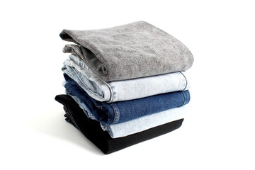 There is a stack of folded jeans on a white background.
