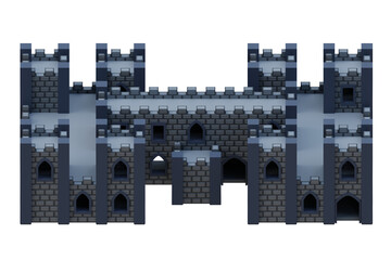 Gray brick medieval building isometric front style fortress. 3d rendering.	