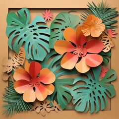 Tropical elements crafted from kraft paper featuring vibrant flowers and foliage in an artistic arrangement