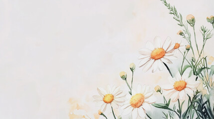 Fototapeta premium Elegant wedding invitation card background . Minimal hand painted watercolor Chamomile flowers texture template background. Design for wedding, vip cover, poster, rsvp moderncard.Valentine's Day