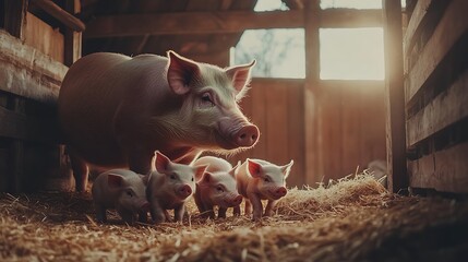 A mother pig and her piglets in a rustic barn.