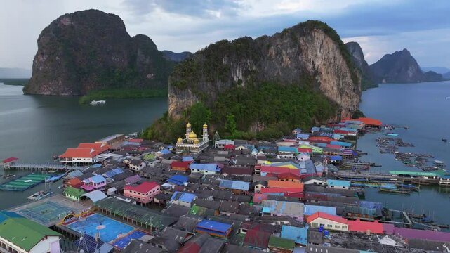 Koh Panyi island floating village seen from above, Thailand. Aerial drone video