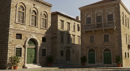 Fototapeta premium A view of old buildings with stone walls and green doors in a european looking town on a sunny day