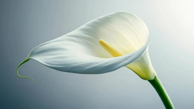 Elegant close-up of a single white calla lily flower with a yellow spadix and green stem against a soft gradient background.