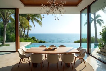 Fototapeta premium Ocean View Dining: Elegant Wooden Table and Chairs Overlooking Infinity Pool, Palm Trees, and the Sea in an Open Modern Interior. 
