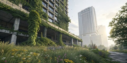 Overgrown Metropolis Post-Apocalyptic Cityscape, Digital Painting, Nature Reclaiming Concrete Jungle, Environmental Art Post-apocalyptic, nature reclaiming