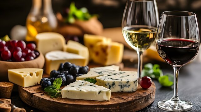 Wine and Cheese Pairing: A delightful arrangement of assorted cheeses and vibrant grapes ready to savor. - Powered by Adobe