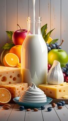 A vibrant arrangement of milk being poured into a glass bottle surrounded by assorted fruits, cheese blocks, and a swirl of creamy dairy, set on a wooden surface