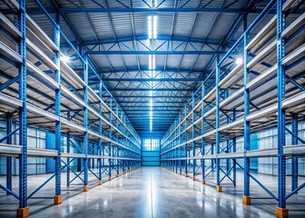 Obraz premium Panoramic Symmetrical Warehouse Interior: Empty Concrete Floor, Industrial Shelving, Cool Tones