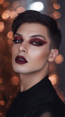 Male makeup artist, posing for Instagram selfie with glittery eyeshadow and lipstick. He has short hair styled in a sleek cut that frames his face beautifully, dramatic winged eyeliner. Difference, bo