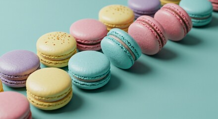 Colorful macarons line up on a light blue backdrop, pastel confectionery