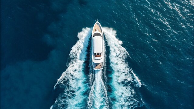 Against a backdrop of a vast blue ocean, a modern white yacht is prominent from above, showcasing its sleek design and powerful wake, representing the visual appeal of luxury marine vessels and the 